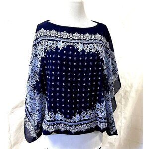 Poncho Sheer Navy Blue Bandana Print Blouse Top Sz. M